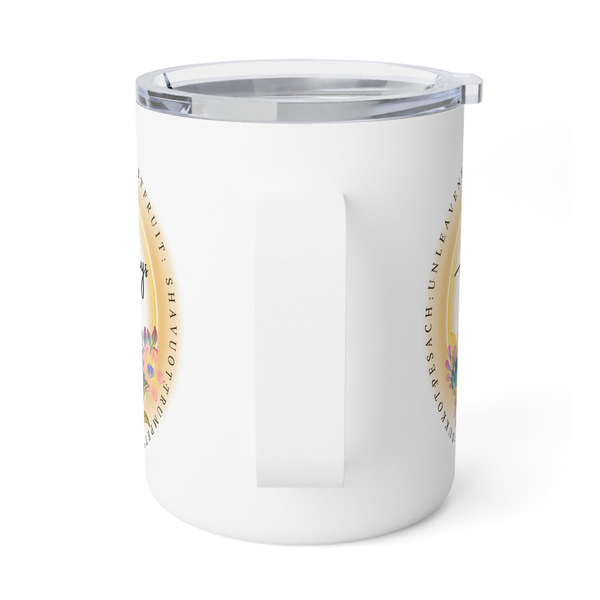 A white insulated tumbler with a clear lid and handle, featuring a circular seal printed on the side, shown on a clean white background.