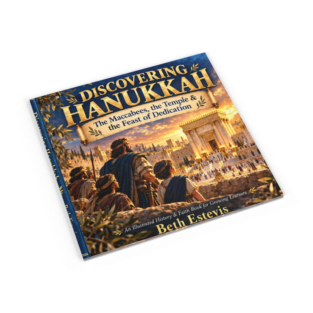 The book 'Discovering Hanukkah' by Beth Estevis, shown at an angle on a clean white background. The cover features a detailed illustration of ancient figures in blue robes looking towards the Temple in Jerusalem at sunset, with gold lettering.