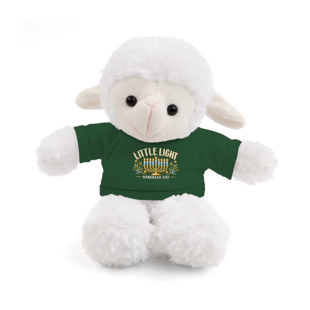 Plush lamb toy wearing a green shirt with a star design on a white background