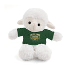 Plush lamb toy wearing a green shirt with a star design on a white background