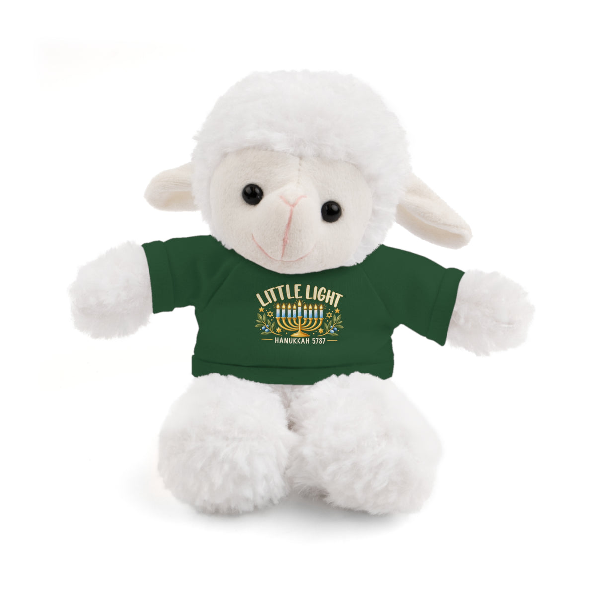Plush lamb toy wearing a green shirt with a star design on a white background