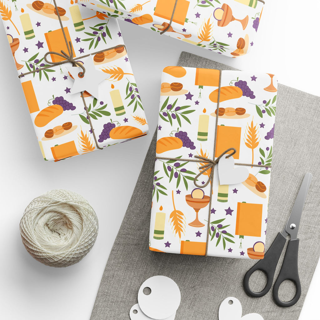Shabbat Blessings Wrapping Paper | Wheat, Grapes, Challah & Candle Judaica Gift Wrap