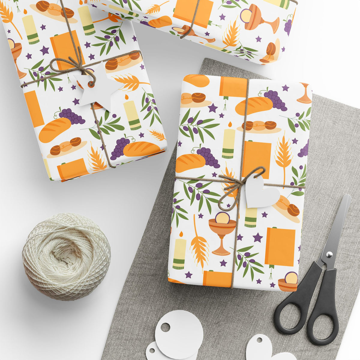 Shabbat Blessings Wrapping Paper | Wheat, Grapes, Challah & Candle Judaica Gift Wrap