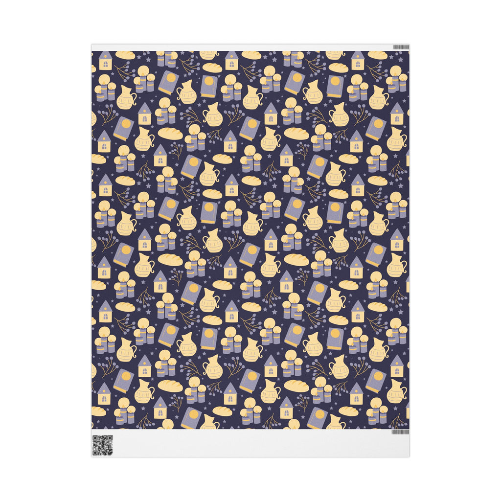 Shabbat Wrapping Paper | Elegant Navy & Gold Judaica Gift Wrap with Candles, Challah, Stars |