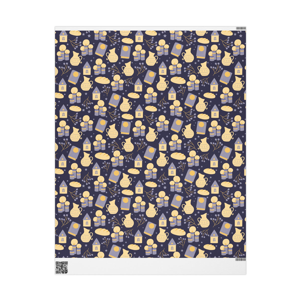 Shabbat Wrapping Paper | Elegant Navy & Gold Judaica Gift Wrap with Candles, Challah, Stars |
