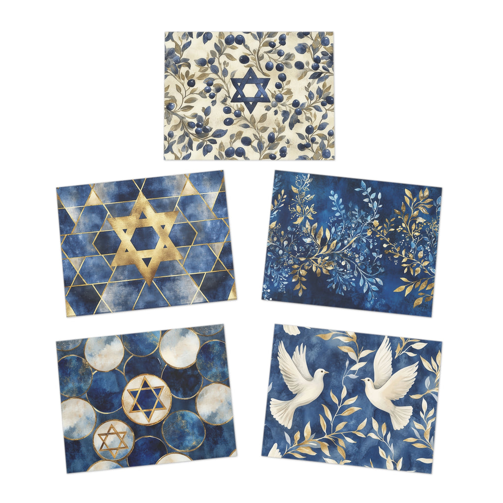 Greeting Card Set of 5 - Elegant Blue & Gold Star of David, Olive Branch, and Dove Notecards with Envelopes