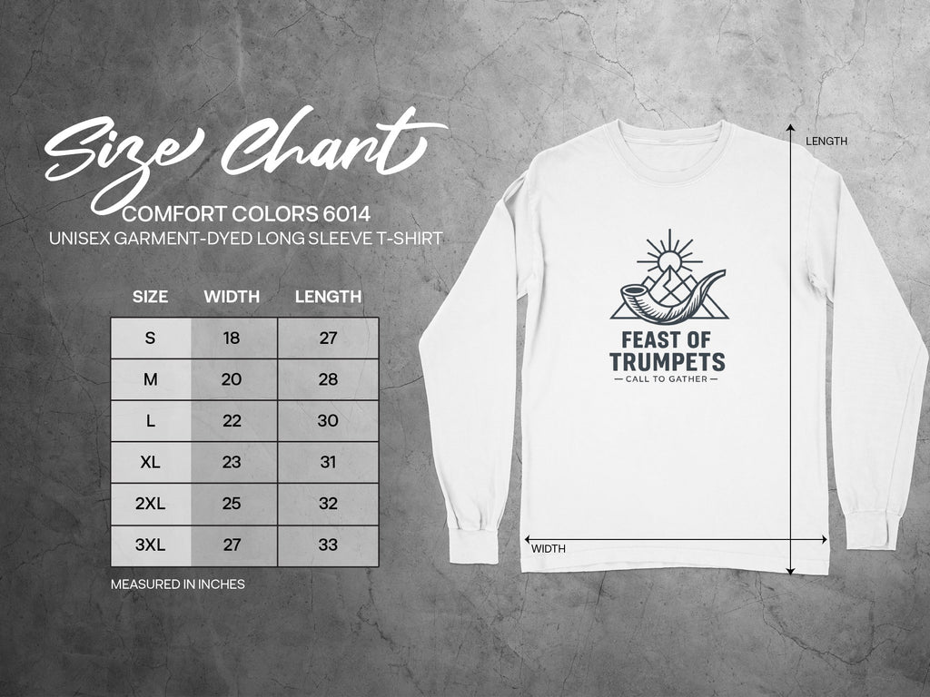 Comfort Colors 6014 unisex long sleeve t-shirt size chart with measurements in inches.
