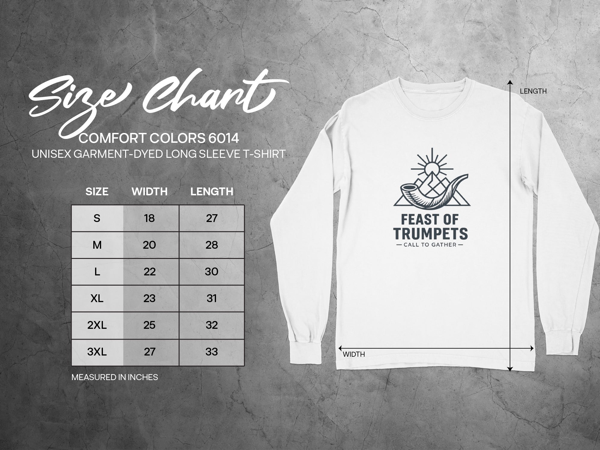 Comfort Colors 6014 unisex long sleeve t-shirt size chart with measurements in inches.
