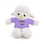 A white plush lamb toy wearing a lavender purple t-shirt with a printed graphic that reads 'LITTLE LIGHT Hanukkah MERRY YOU!' and a menorah illustration, shown on a clean white background.