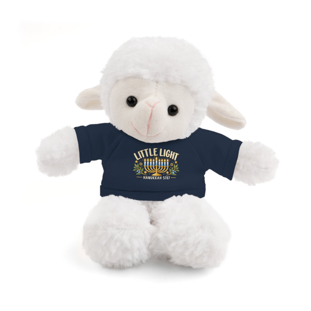 Plush lamb toy wearing a navy shirt with a Star of David and Hebrew text on a white background