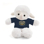 Plush lamb toy wearing a navy shirt with a Star of David and Hebrew text on a white background