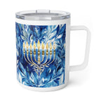 A white stainless steel travel mug with a clear plastic lid, featuring a printed blue and white marbled floral pattern with a gold menorah in the center.