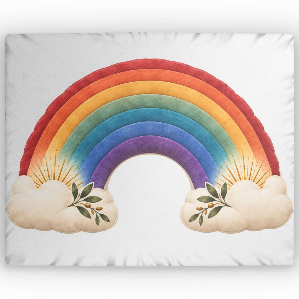 A square white pillow or cushion cover featuring a large colorful rainbow design with cream clouds at the bottom and small leafy branches with orange-like fruits.