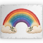 A square white pillow or cushion cover featuring a large colorful rainbow design with cream clouds at the bottom and small leafy branches with orange-like fruits.