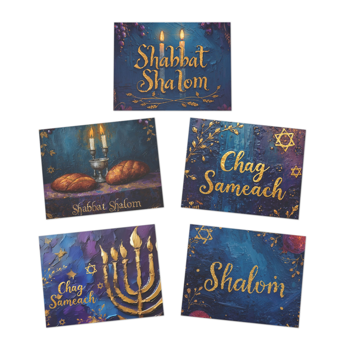 Jewish Greeting Card Set of 5 - Shabbat Shalom, Chag Sameach, Shalom - Oil Painting Style Judaica Notecards with Envelopes