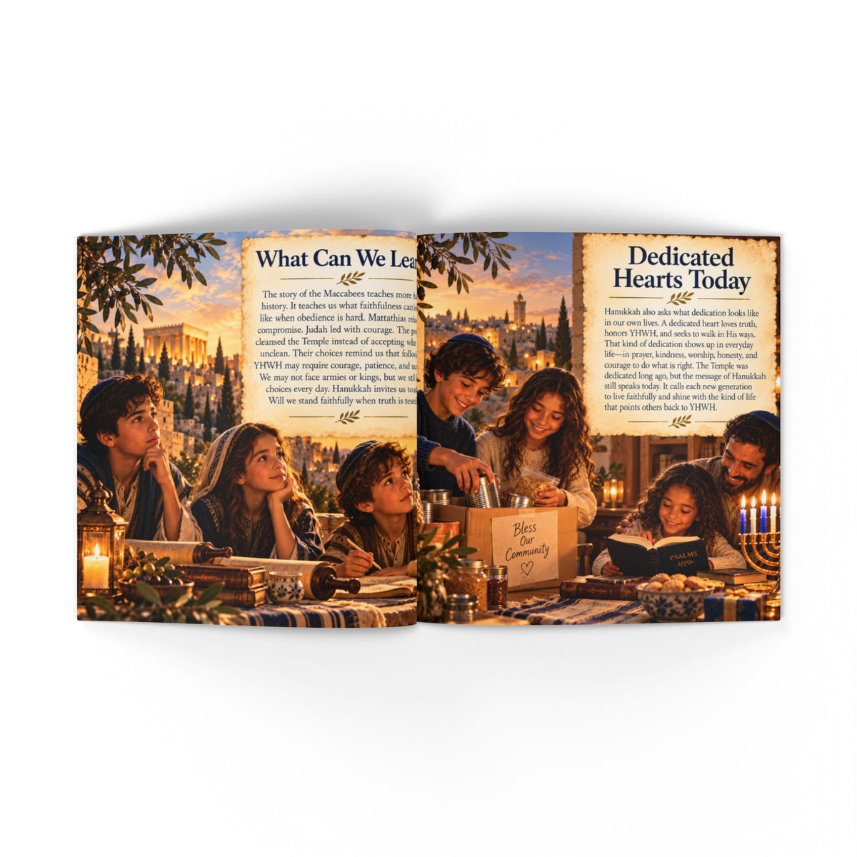 An open printed booklet or magazine spread laid on a white background. The pages show a warm holiday scene with several people gathered around a table, candles, and text headings including 'What Can We Learn' and 'Dedicated Hearts Today'.