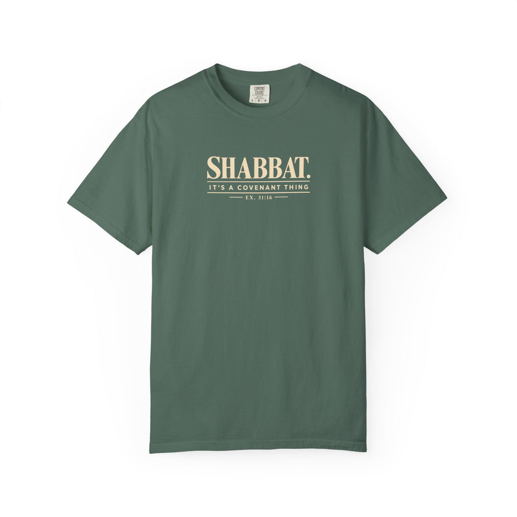 Green t-shirt with a small logo on a white background