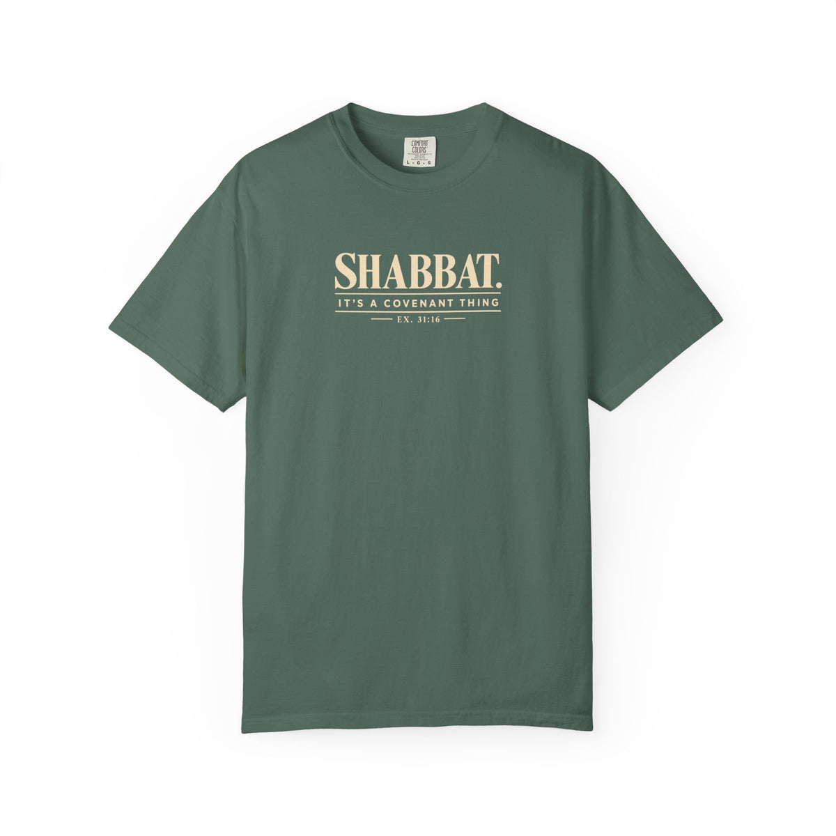 Green t-shirt with a small logo on a white background