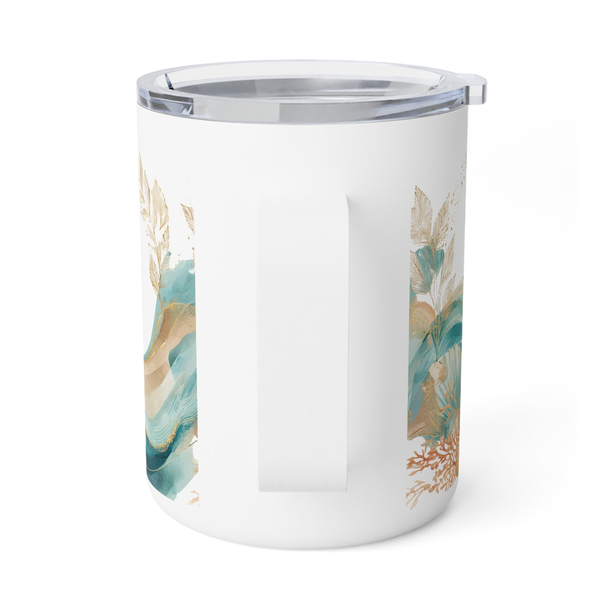 A white insulated tumbler with a clear lid and a vertical handle, decorated with abstract teal, gold, and beige botanical-style artwork on the sides, shown on a clean white background.