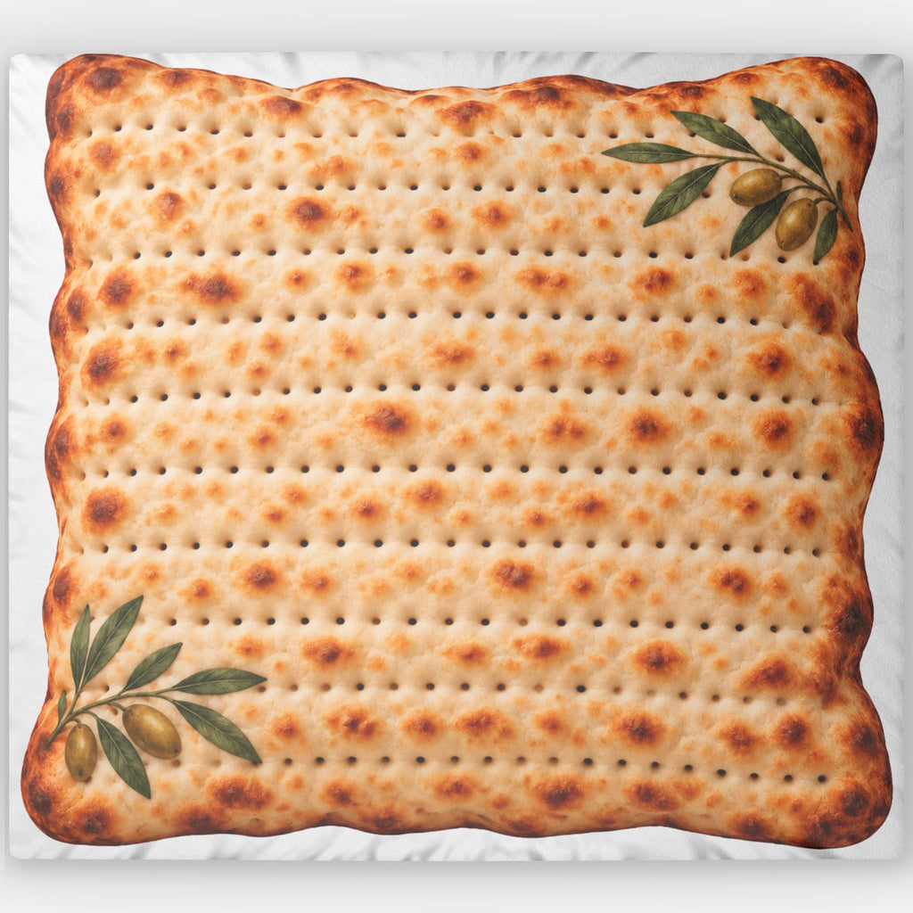 A square decorative pillow featuring a realistic printed design of matzah bread with toasted spots and olive branches in the corners, shown against a white background.