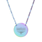 Engraved Hanukkiah Necklace | 18mm Hanukkah Pendant in Rose Gold or Rainbow