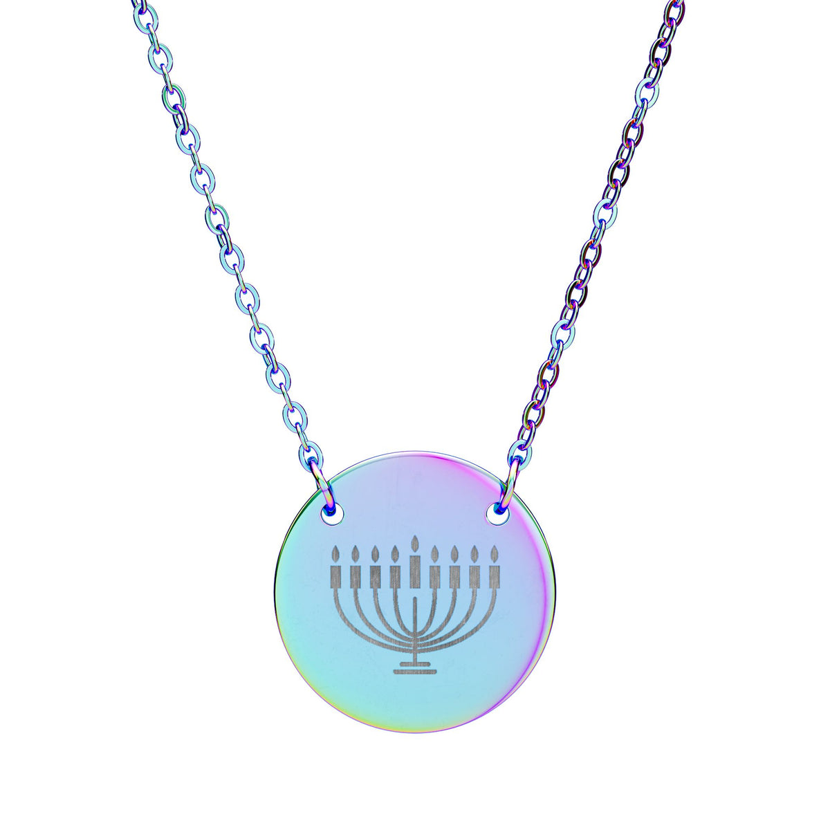 Engraved Hanukkiah Necklace | 18mm Hanukkah Pendant in Rose Gold or Rainbow