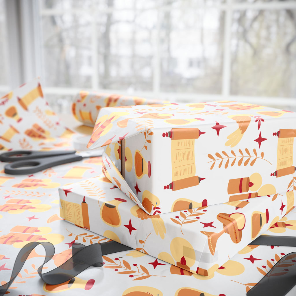 Golden Candle & Scroll Judaica Gift Wrap | Warm Red and Gold Holiday Wrapping Paper