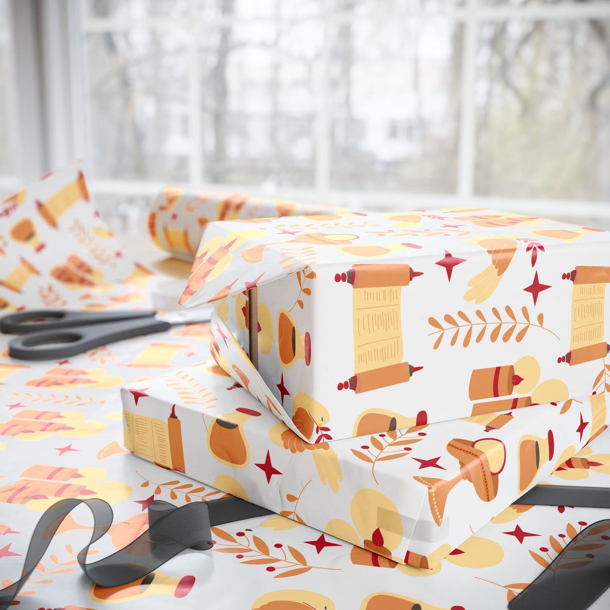 Golden Candle & Scroll Judaica Gift Wrap | Warm Red and Gold Holiday Wrapping Paper