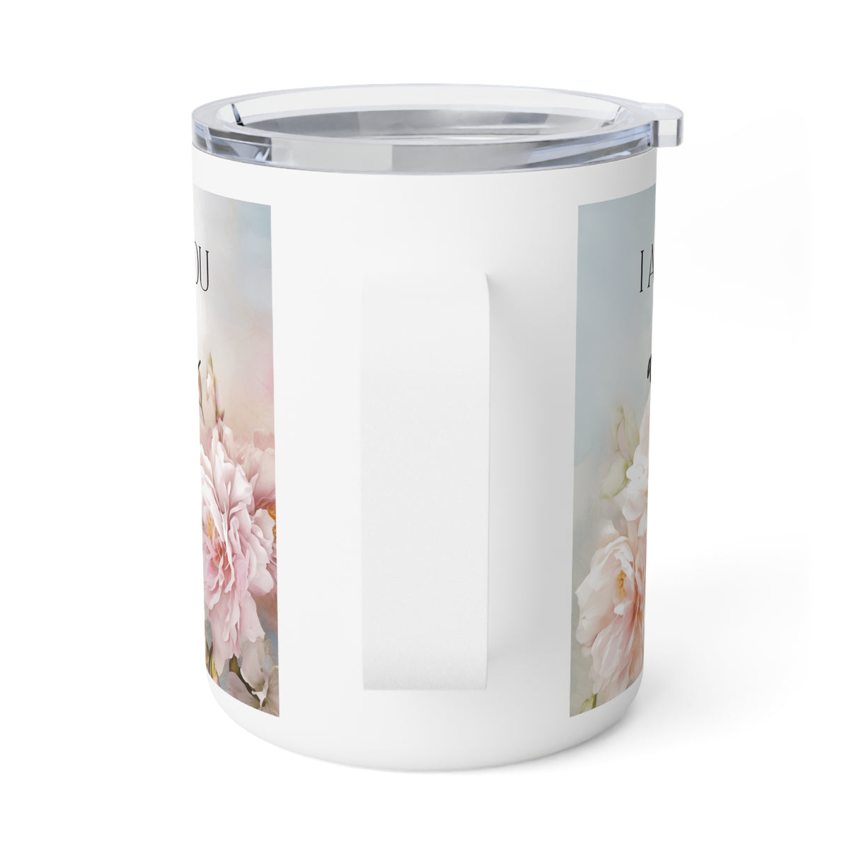 A white insulated travel mug with a clear lid and a vertical handle, featuring a printed design of soft pink flowers against a pale blue and beige background.