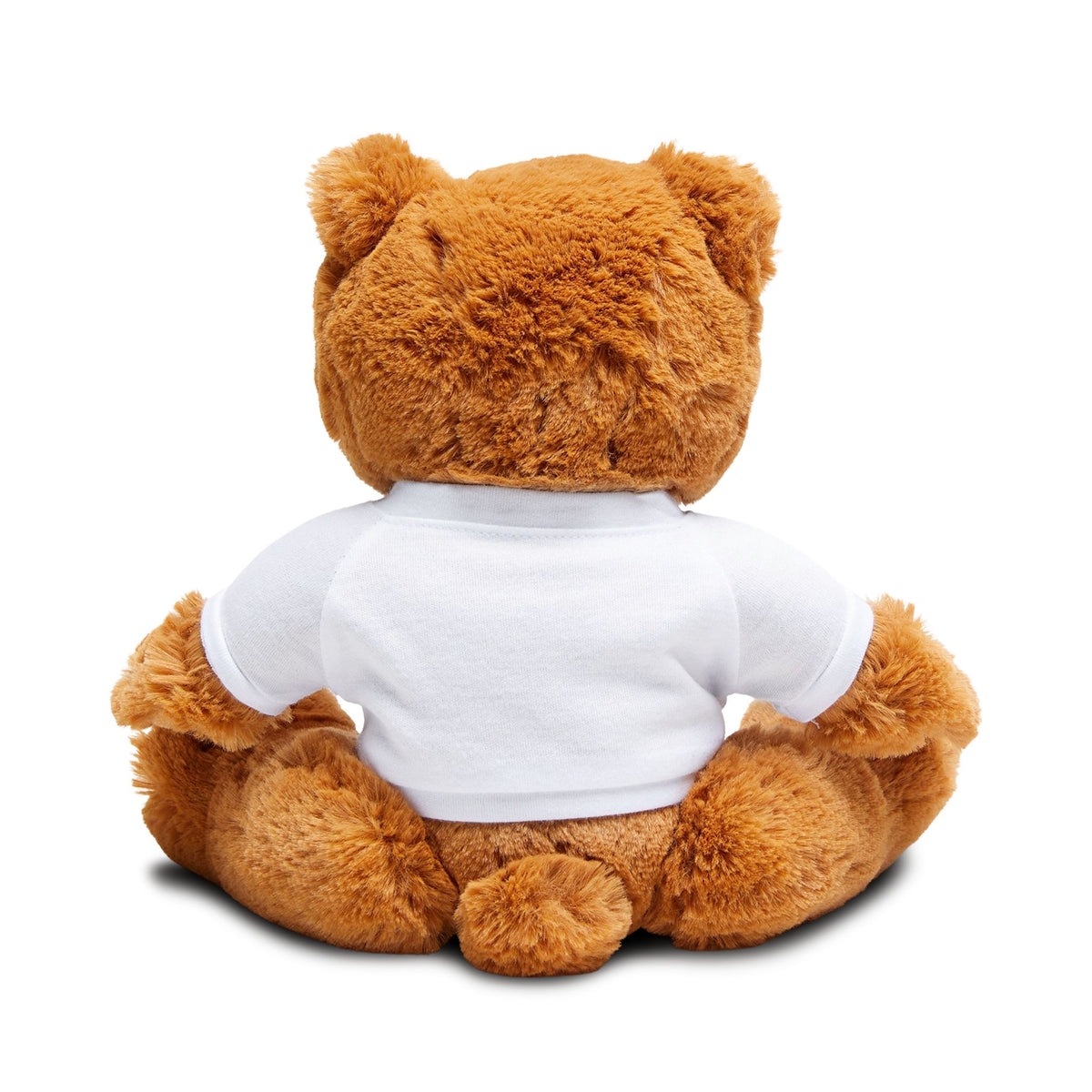 Brown teddy bear wearing a white shirt on a white background