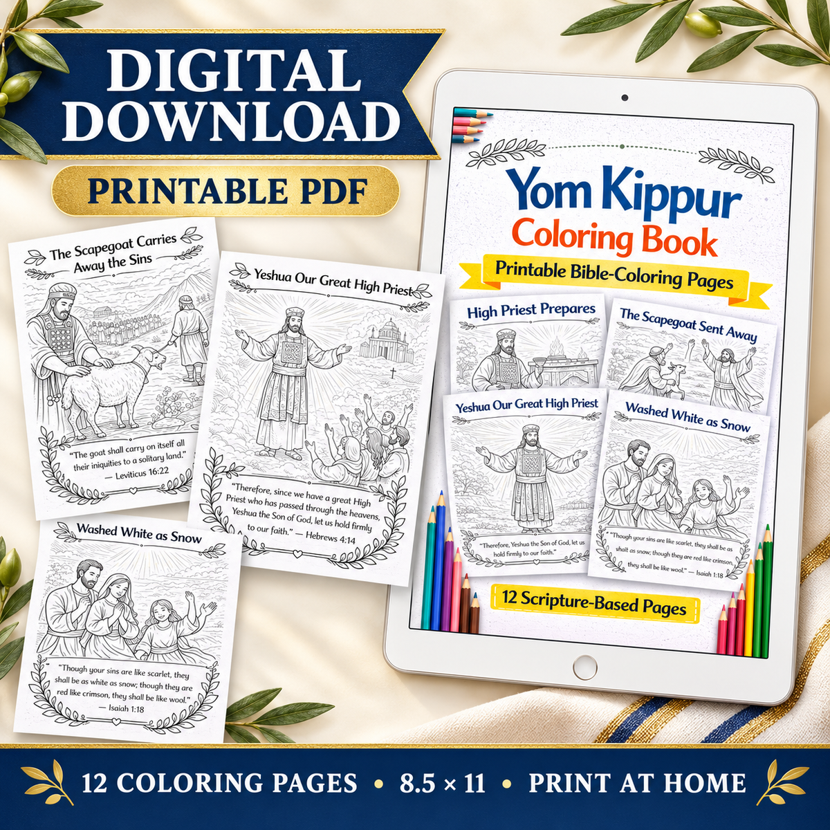 Digital download listing for a printable PDF Bible coloring book titled 'Yom Kippur Coloring Book'. The graphic shows a tablet mockup displaying the cover and several interior coloring pages, with additional loose pages beside it.
