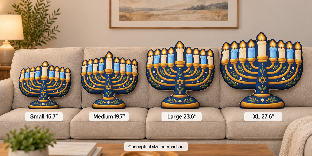 Four decorative menorah pillows displayed on a beige sofa in a living room setting, labeled Small 15.7", Medium 19.