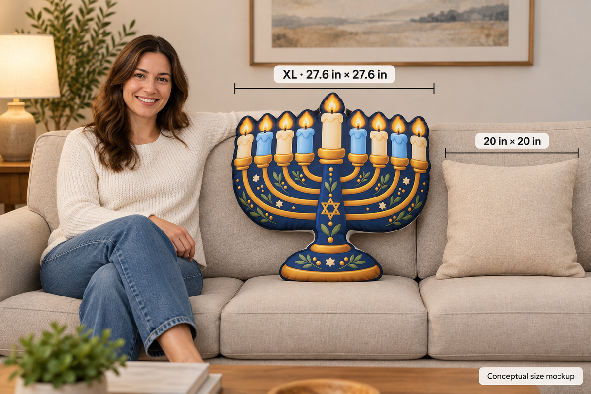 Hanukkiah Shaped Pillow – Blue & Gold Hanukkah Menorah Decorative Cushion