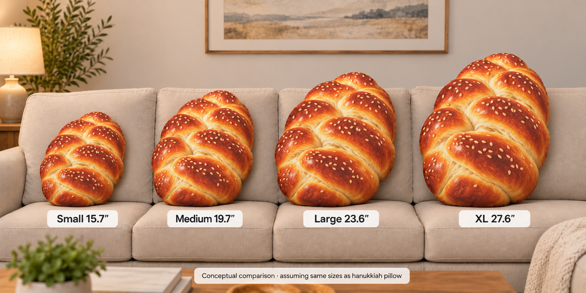 Four braided loaf-shaped throw pillows on a beige sofa, labeled Small 15.7", Medium 19.