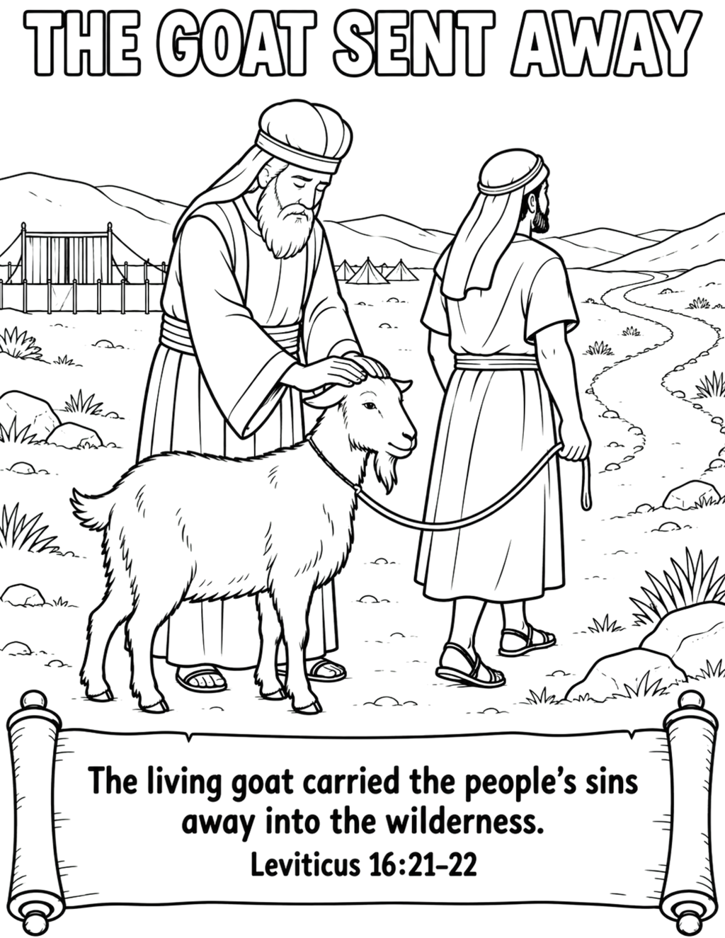 Black and white coloring page illustration titled 'THE GOAT SENT AWAY' showing a man comforting a goat while another person stands nearby, with a biblical scroll of text at the bottom referencing Leviticus 16:21-22.