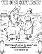 Black and white coloring page illustration titled 'THE GOAT SENT AWAY' showing a man comforting a goat while another person stands nearby, with a biblical scroll of text at the bottom referencing Leviticus 16:21-22.