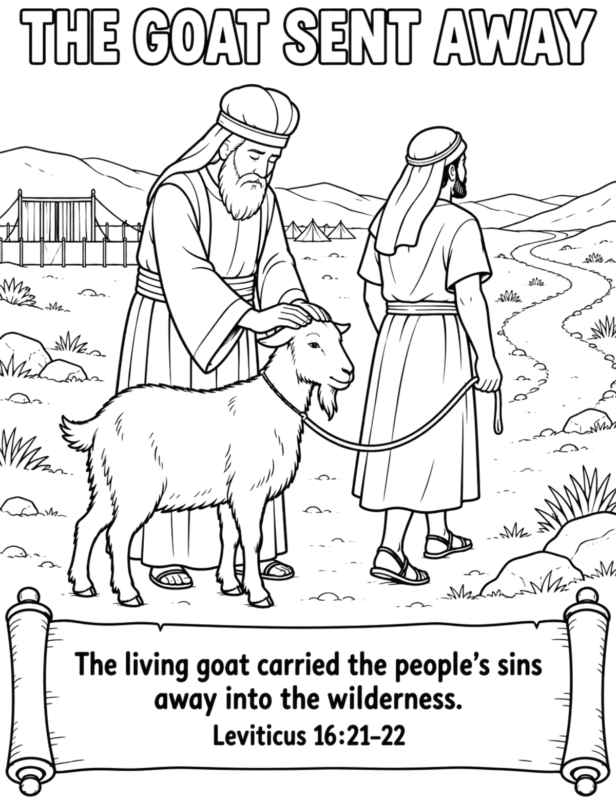 Black and white coloring page illustration titled 'THE GOAT SENT AWAY' showing a man comforting a goat while another person stands nearby, with a biblical scroll of text at the bottom referencing Leviticus 16:21-22.