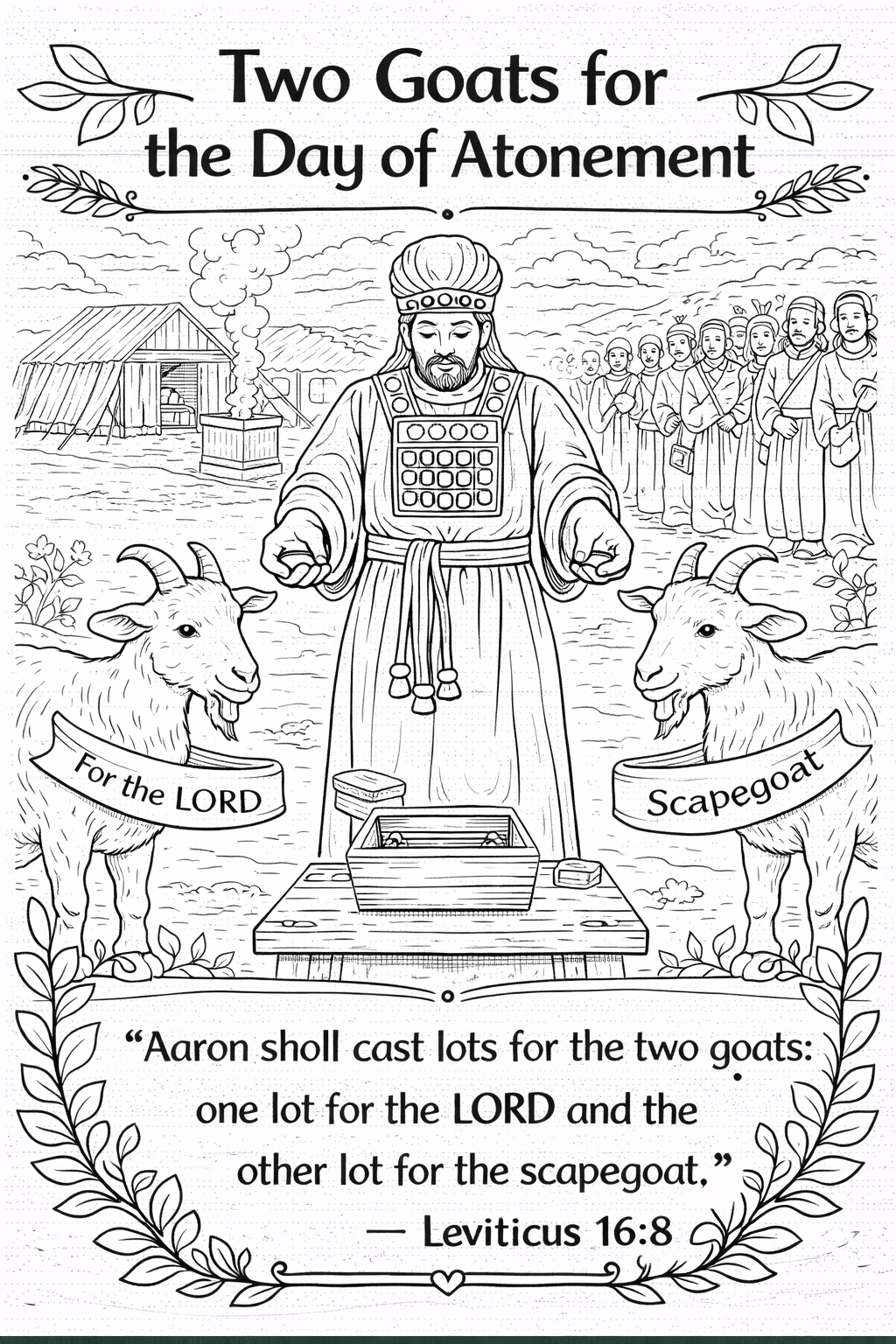 Black and white coloring page illustration for the Day of Atonement, featuring a central figure resembling Aaron standing behind two goats with banners reading 'For the LORD' and 'Scapegoat', plus a Bible verse from Leviticus 16:8 at the bottom.