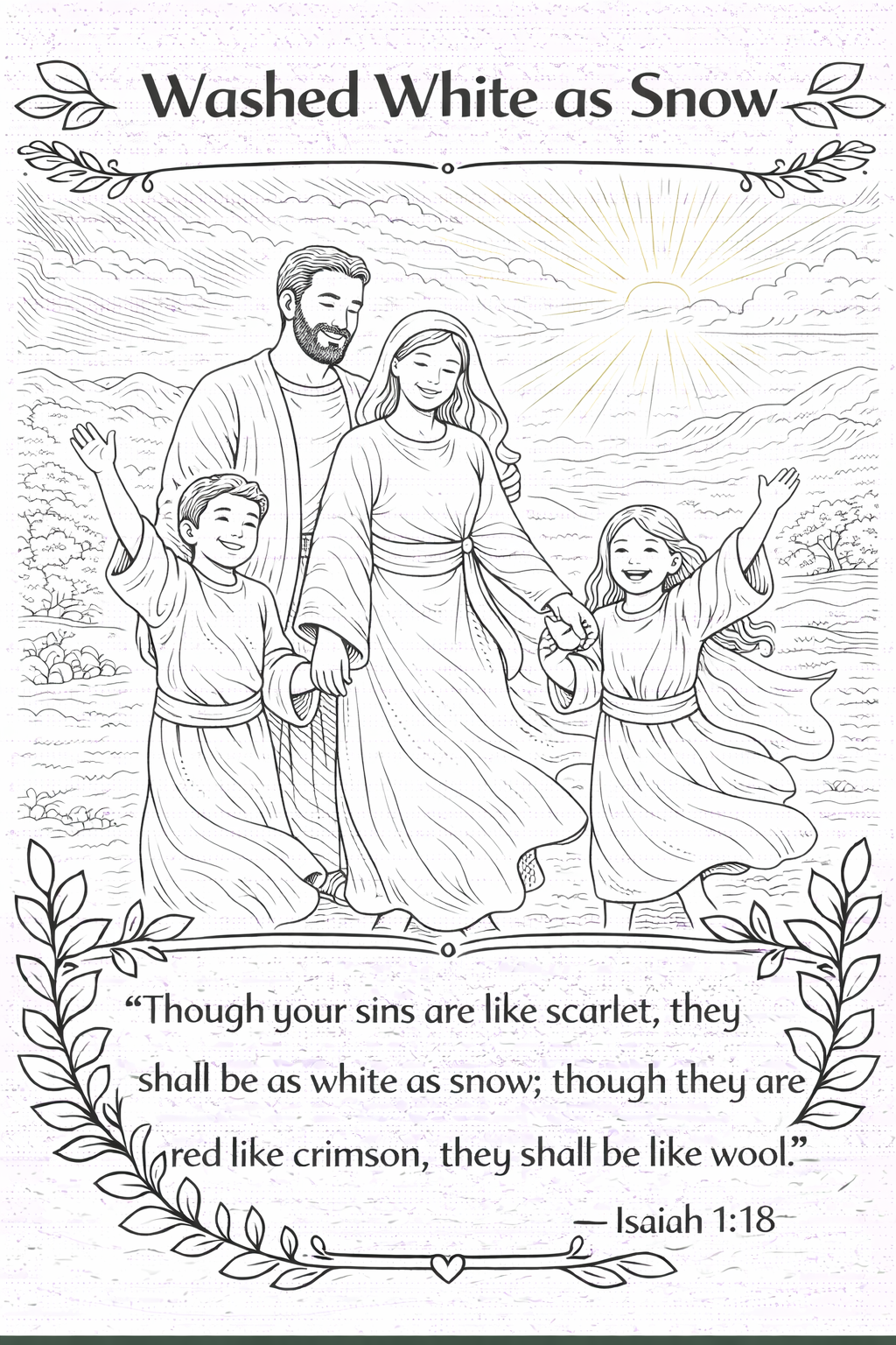 Black and white line art print featuring a family of four under the text 'Washed White as Snow' with a Bible verse from Isaiah 1:18 at the bottom, framed by decorative leafy borders.