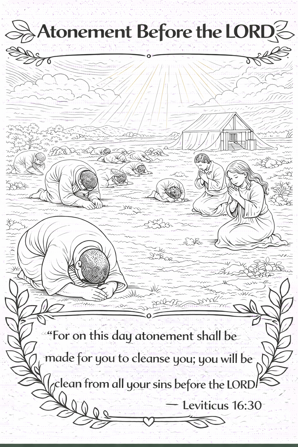 Black and white line art print titled 'Atonement Before the LORD' featuring an illustration of people praying in a field with a Bible verse from Leviticus 16:30 at the bottom, framed by decorative leafy borders.