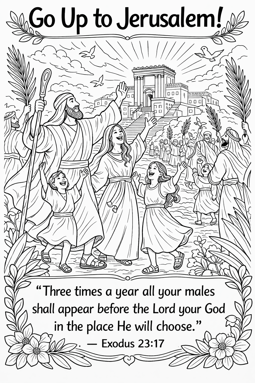 Black and white coloring page featuring an illustration of Jesus, Mary, and children celebrating in Jerusalem, with the text 'Go Up to Jerusalem!' at the top and a Bible verse from Exodus 23:17 at the bottom.