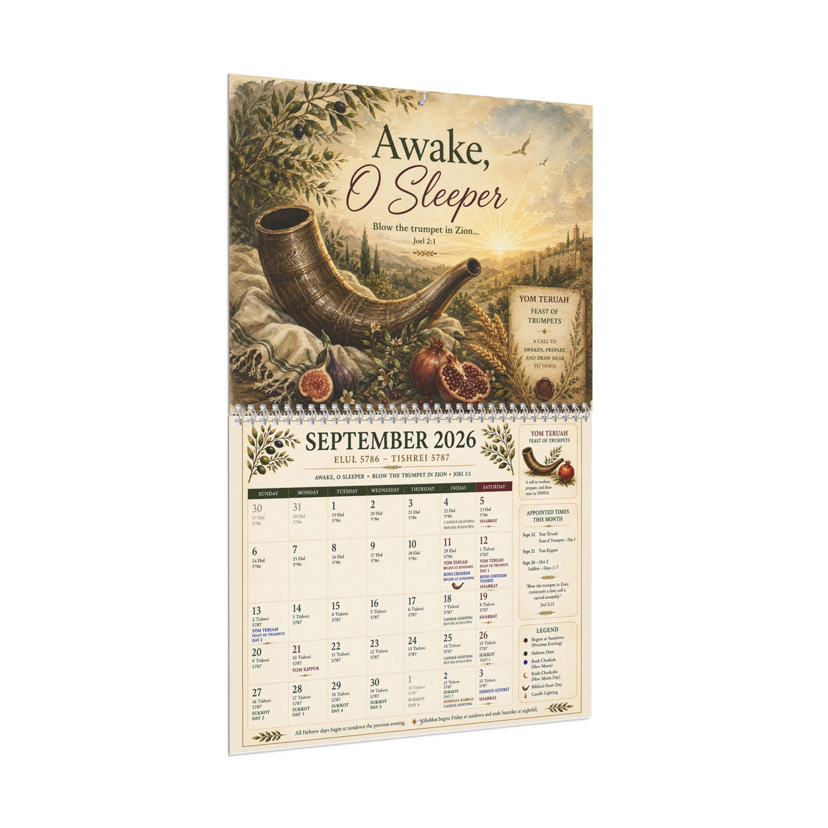 A September 2026 hanging wall calendar featuring a vintage-style illustration with the text 'Awake, O Sleeper' and a spiral binding at the top, shown against a plain white background.