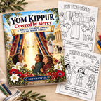 A children's coloring book and two coloring pages arranged on a table with colored pencils and olive branches. The book cover reads 'Yom Kippur Covered by Mercy' and shows an illustrated temple scene with children in front of a red tent.
