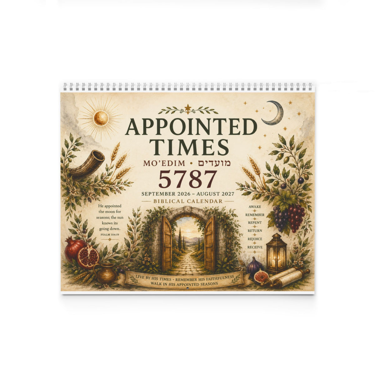 Appointed Times 5787 Hebrew calendar cover with an open garden gate, olive branches and a lantern, on a white background