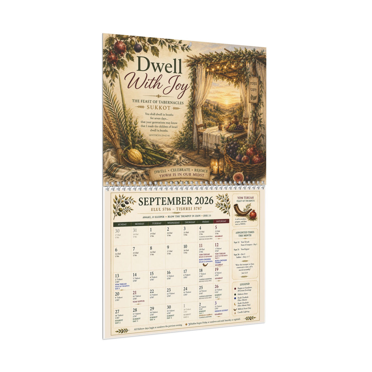 Angled view of the September 2026 Dwell With Joy page showing the feast days marked on the grid