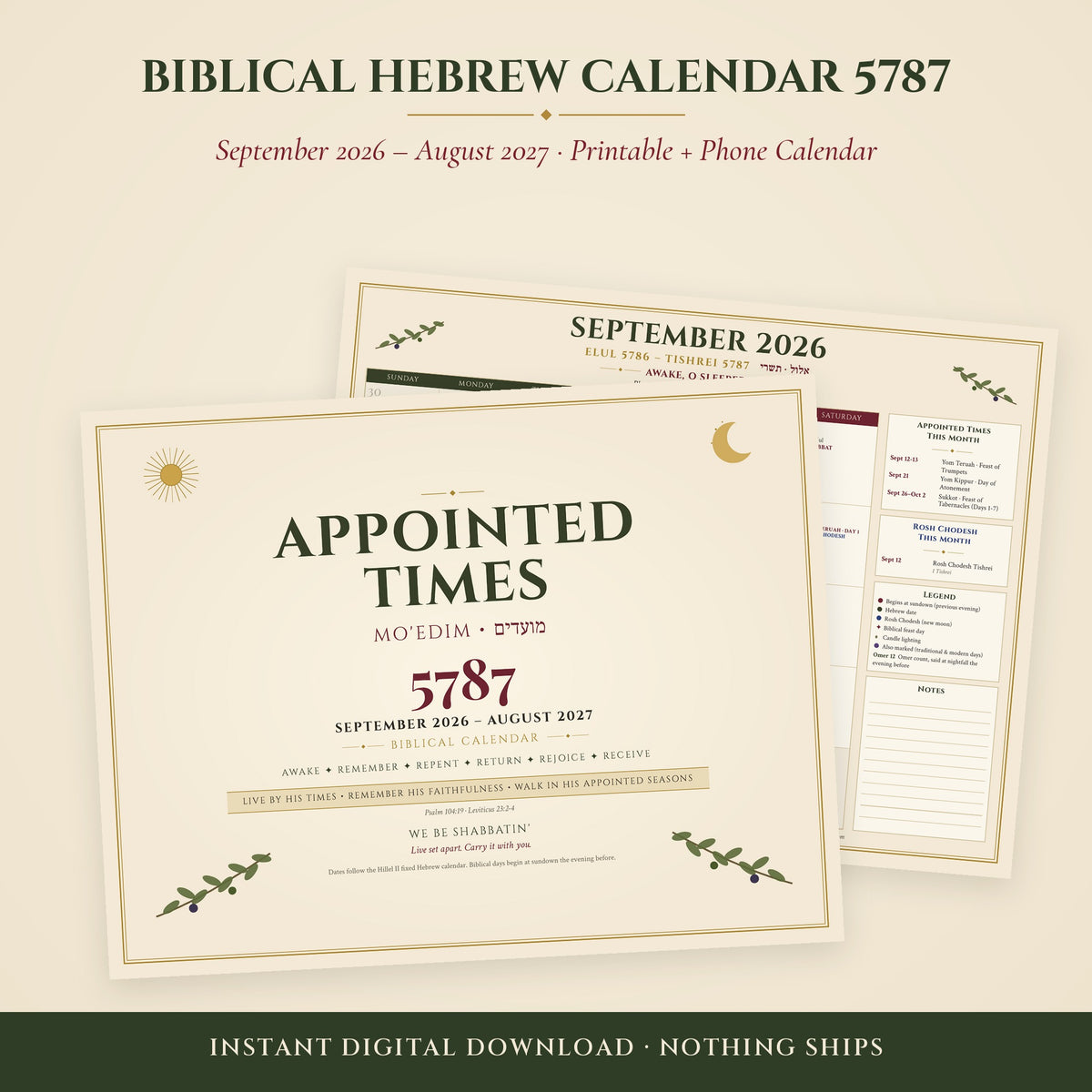Biblical Hebrew Calendar 5787 digital download: the Appointed Times cover page and September 2026 month page on a cream background