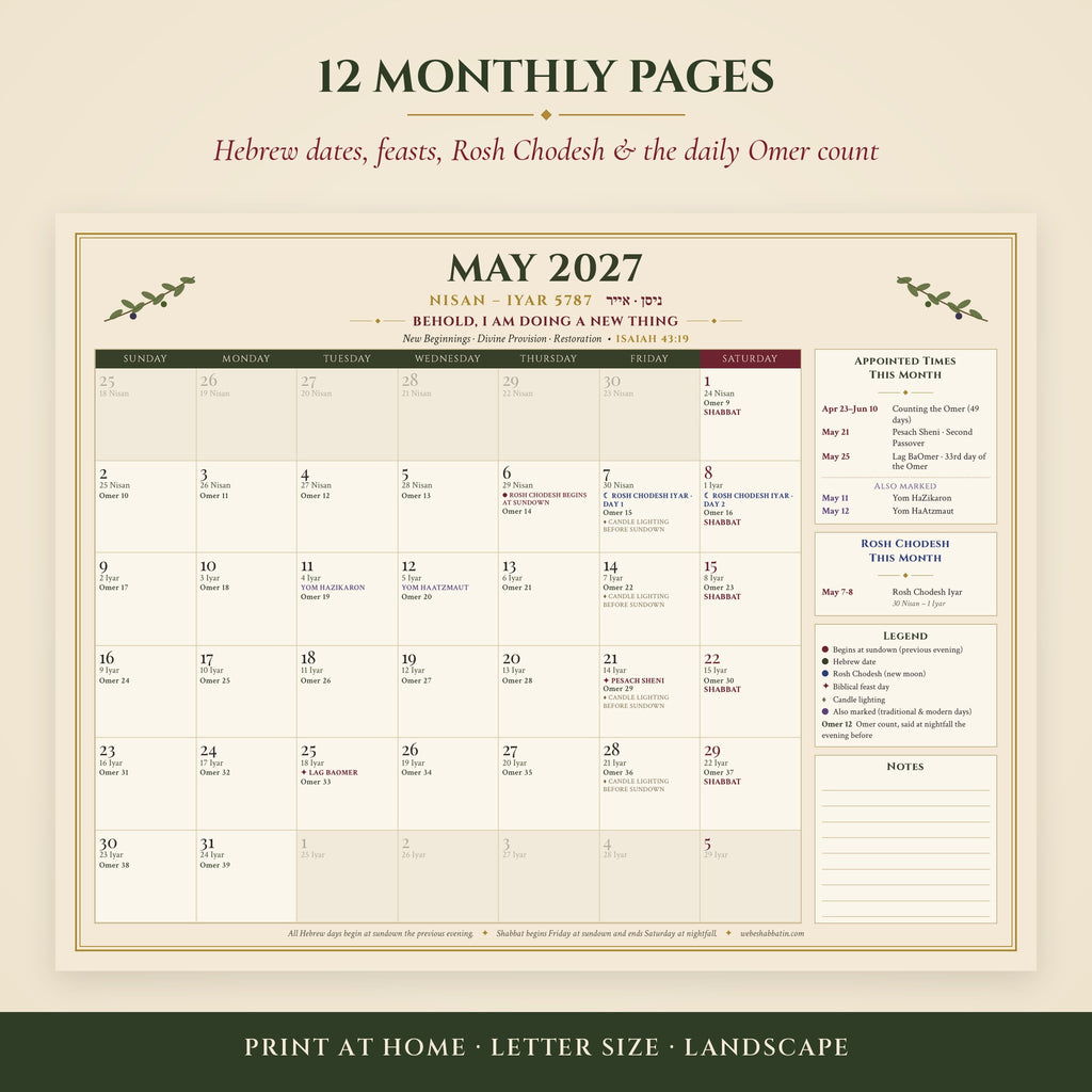 May 2027 printable month page showing Hebrew dates, Rosh Chodesh Iyar, Pesach Sheni, Lag BaOmer and the daily Omer count