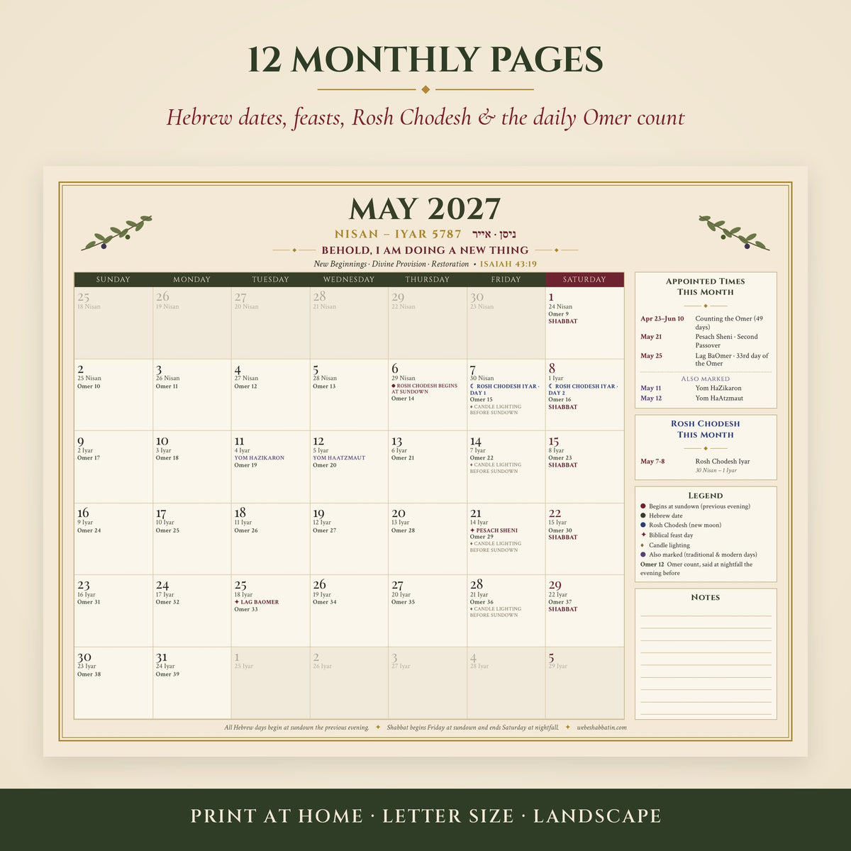 May 2027 printable month page showing Hebrew dates, Rosh Chodesh Iyar, Pesach Sheni, Lag BaOmer and the daily Omer count