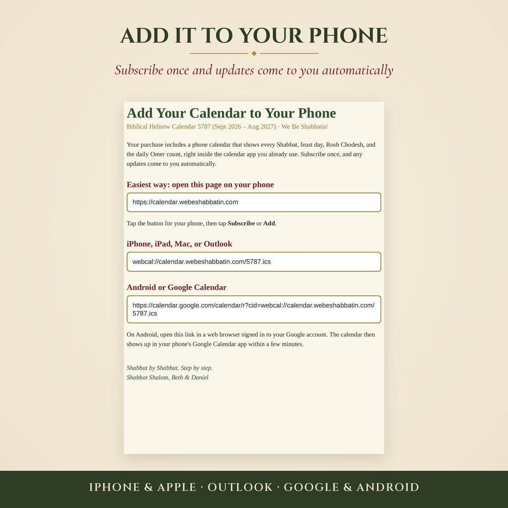 Add Your Calendar to Your Phone guide with subscribe links for iPhone, Outlook, Google Calendar and Android