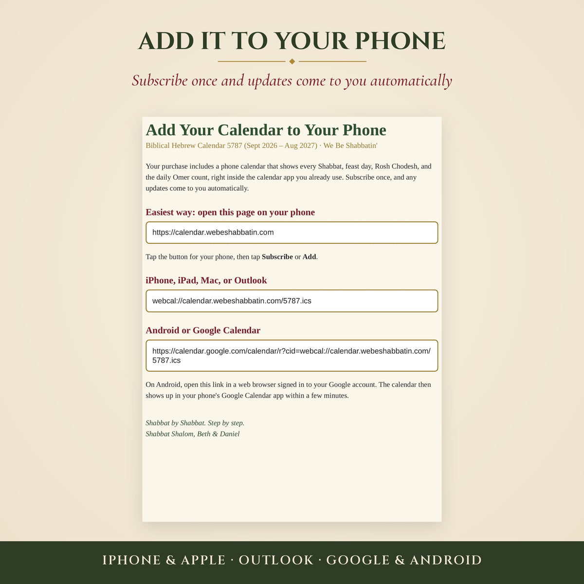 Add Your Calendar to Your Phone guide with subscribe links for iPhone, Outlook, Google Calendar and Android